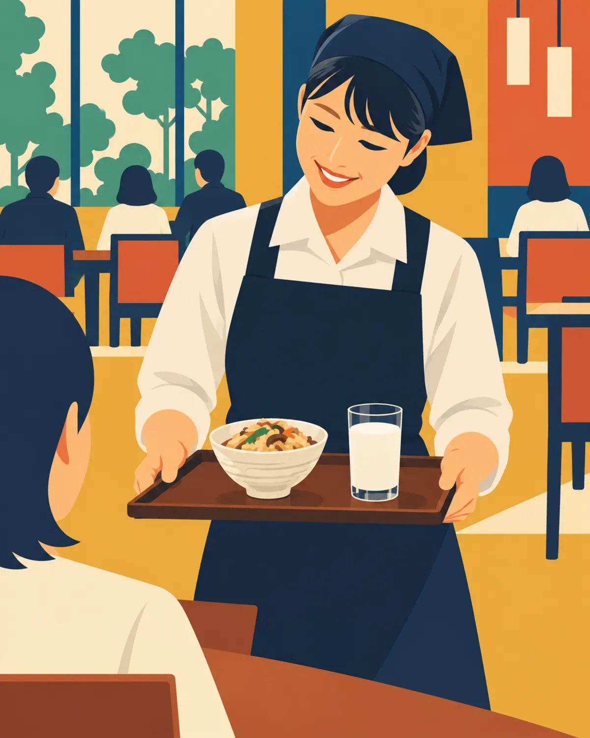 朝食会場で配膳するスタッフ